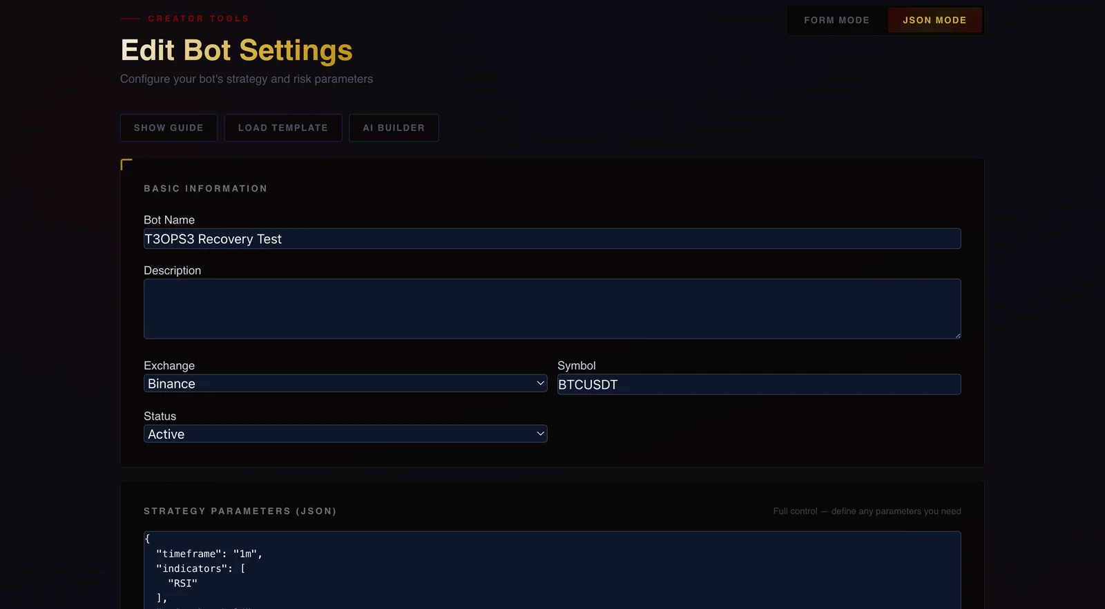 Edit Bot Settings: JSON strategy parameters, templates and AI builder